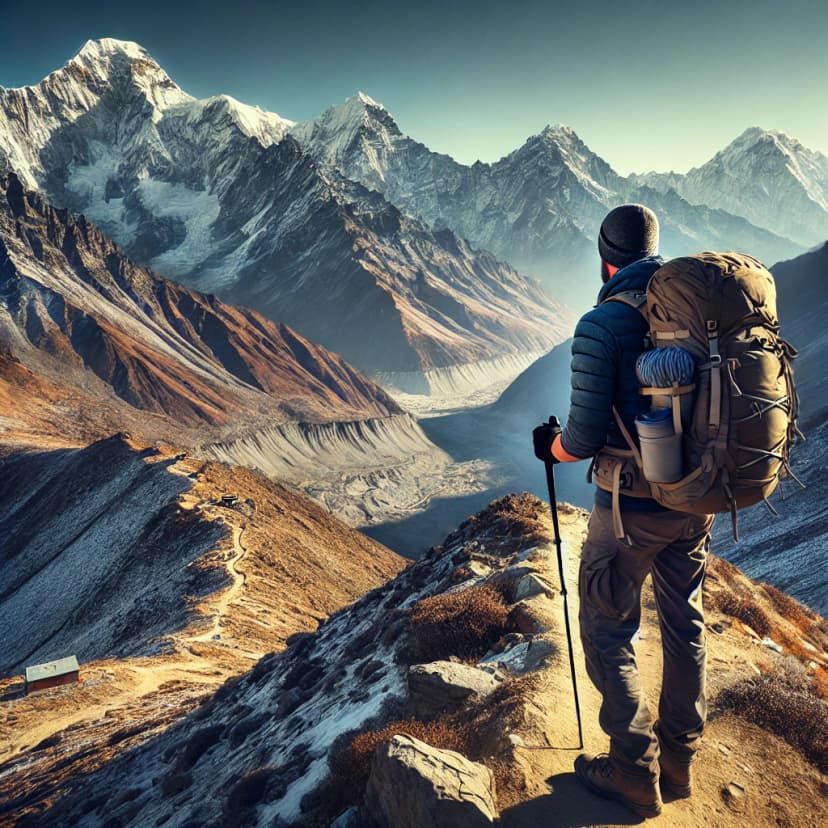 Trekker hiking in the Himalayas, India