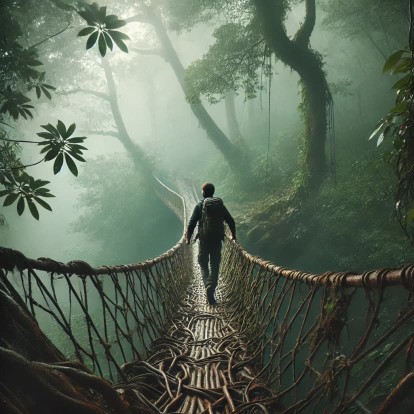 Traveler walking on a living root bridge in Meghalaya