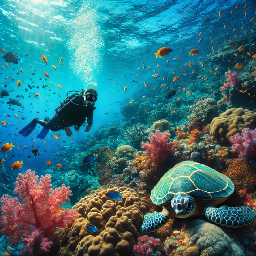 Scuba diver exploring coral reefs in the Andaman Islands